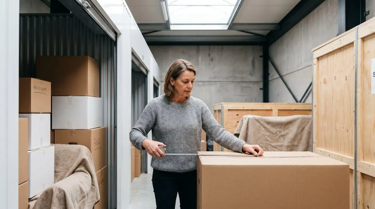 Femme mesurant l'espace disponible dans un box de stockage ouvert contenant cartons et meubles