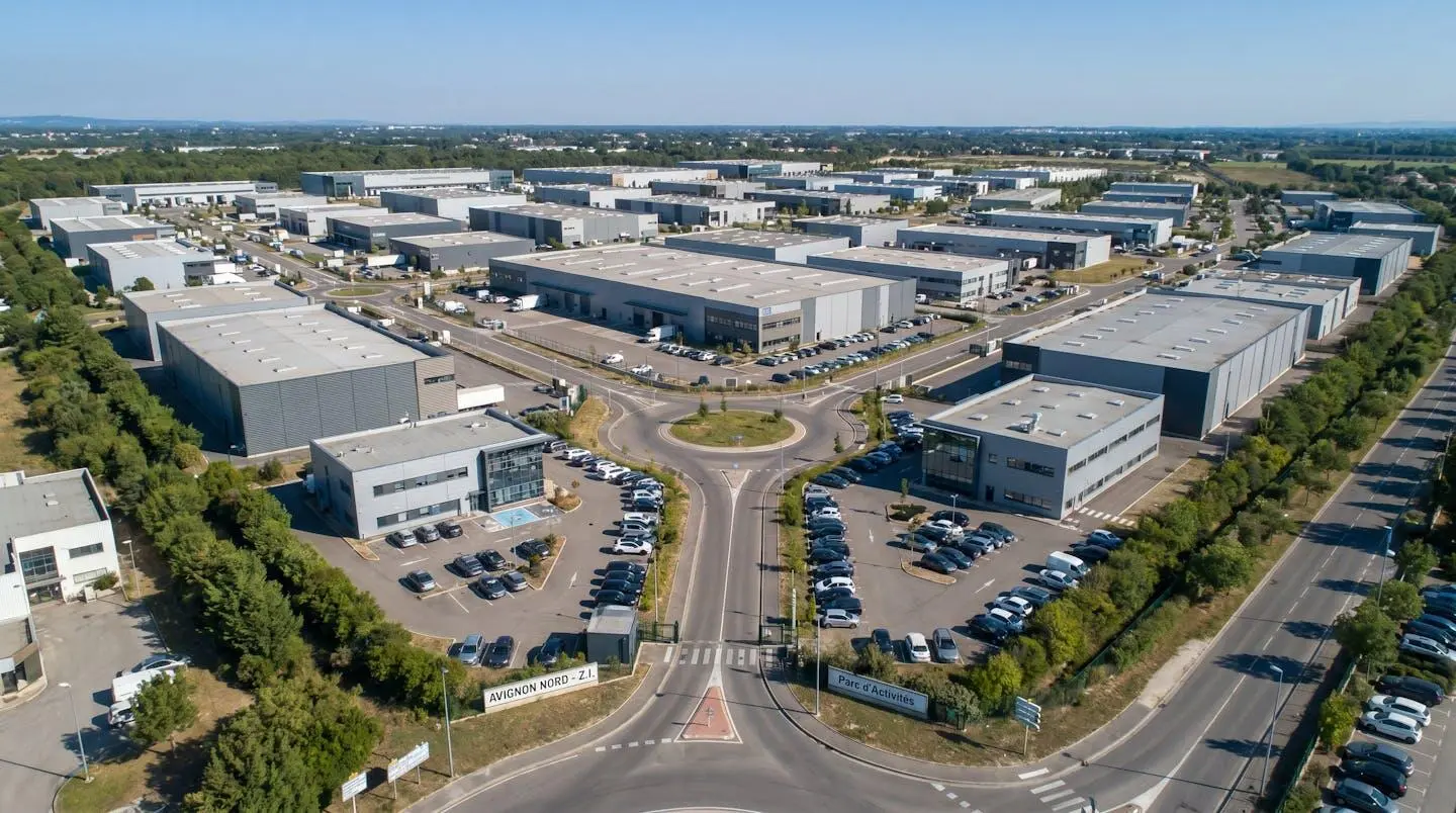 Vue aérienne d'une zone d'activités d'Avignon avec bâtiments d'entreposage et infrastructure routière